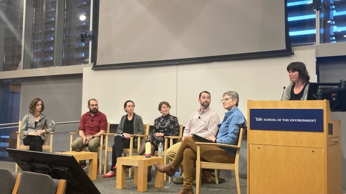 Katie Michels, CFN's Director of Programs, introduces members of the panel on federal funding a Yale's School of the Environment.